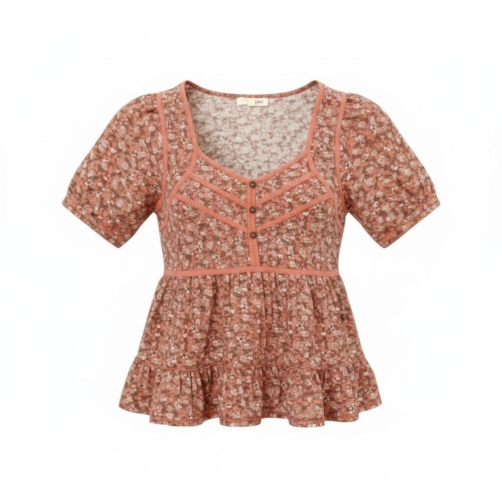 Floral Peplum Short Sleeve Blouse in Rust Pink